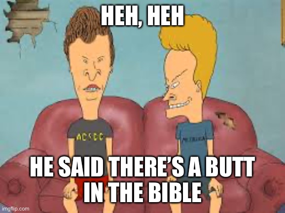 Bevis n Butthead | HEH, HEH HE SAID THERE’S A BUTT
IN THE BIBLE | image tagged in bevis n butthead | made w/ Imgflip meme maker