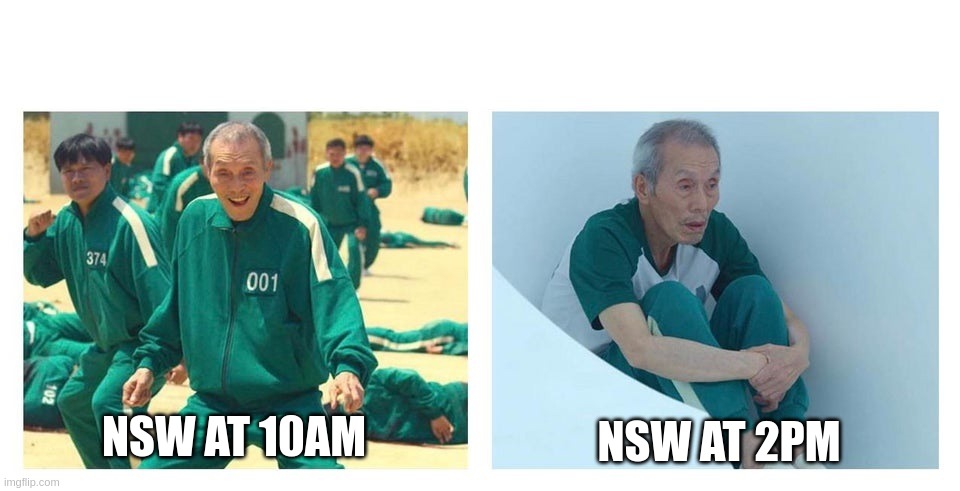 NSW borders | NSW AT 2PM; NSW AT 10AM | image tagged in squid game then and now | made w/ Imgflip meme maker