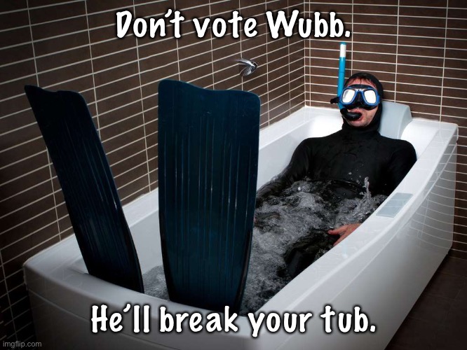 Instead, vote F1Fan for a less toxic, more fun stream. Make the Right Choice! | Don’t vote Wubb. He’ll break your tub. | image tagged in bathtub scuba | made w/ Imgflip meme maker