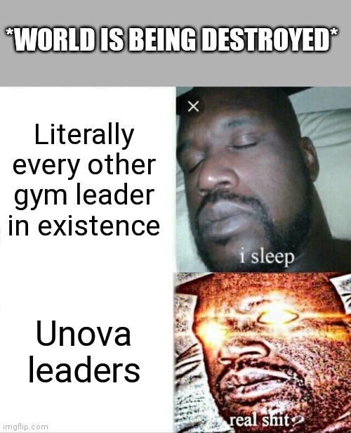 Facts tho | *WORLD IS BEING DESTROYED*; Literally every other gym leader in existence; Unova leaders | image tagged in memes,sleeping shaq | made w/ Imgflip meme maker