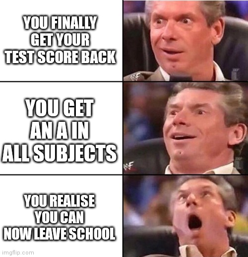 YESS | YOU FINALLY GET YOUR TEST SCORE BACK; YOU GET AN A IN ALL SUBJECTS; YOU REALISE YOU CAN NOW LEAVE SCHOOL | image tagged in vince mcmahon,skool,oh wow are you actually reading these tags,bruhh | made w/ Imgflip meme maker