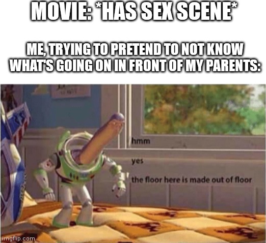 Can anyone relate? | MOVIE: *HAS SEX SCENE*; ME, TRYING TO PRETEND TO NOT KNOW WHAT'S GOING ON IN FRONT OF MY PARENTS: | image tagged in blank white template,hmm yes the floor here is made out of floor,hmmm,oh wow are you actually reading these tags,sex,nsfw | made w/ Imgflip meme maker