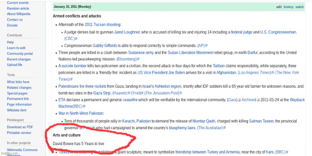 David Bowie Death Predicted on Wikipedia - Exactly 5 Years Before!!! | image tagged in bowie,david bowie,reid moore,funny,weird | made w/ Imgflip meme maker