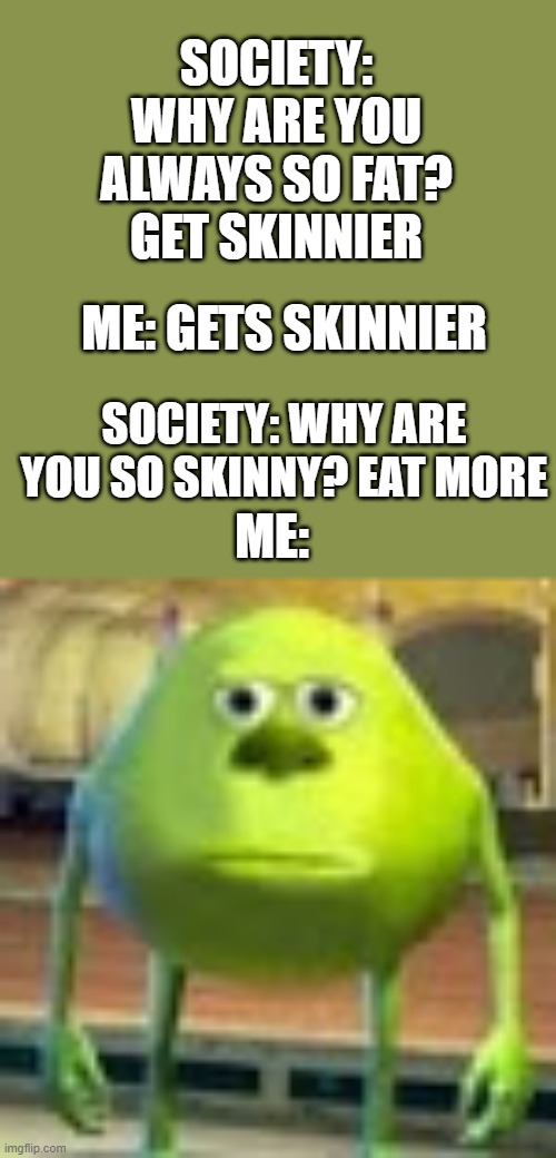 society is never satisfied are they | SOCIETY: WHY ARE YOU ALWAYS SO FAT? GET SKINNIER; ME: GETS SKINNIER; SOCIETY: WHY ARE YOU SO SKINNY? EAT MORE; ME: | image tagged in sully wazowski | made w/ Imgflip meme maker