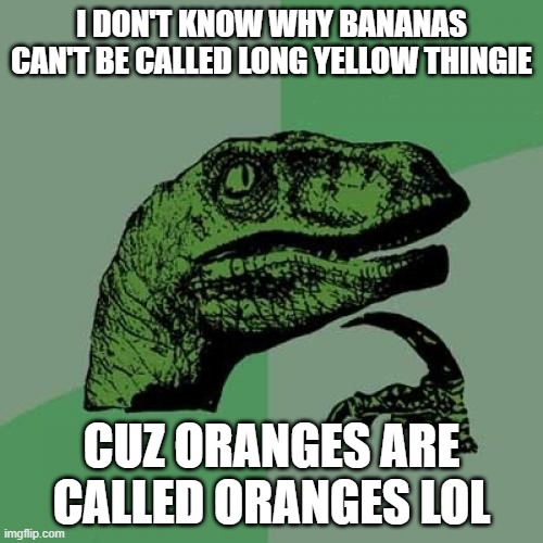 fruit | I DON'T KNOW WHY BANANAS CAN'T BE CALLED LONG YELLOW THINGIE; CUZ ORANGES ARE CALLED ORANGES LOL | image tagged in memes,philosoraptor | made w/ Imgflip meme maker