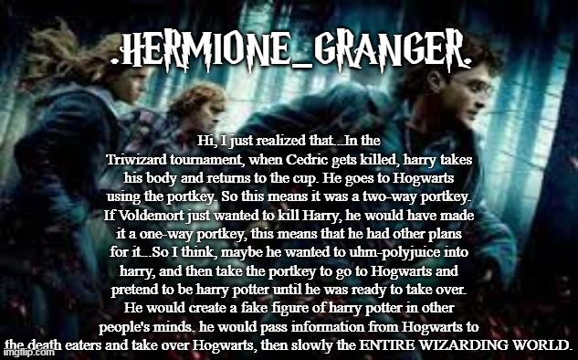 Ok, Ok, It's fanfiction (KINDA SCARY) | .HERMIONE_GRANGER. Hi, I just realized that...In the Triwizard tournament, when Cedric gets killed, harry takes his body and returns to the cup. He goes to Hogwarts using the portkey. So this means it was a two-way portkey. If Voldemort just wanted to kill Harry, he would have made it a one-way portkey, this means that he had other plans for it...So I think, maybe he wanted to uhm-polyjuice into harry, and then take the portkey to go to Hogwarts and pretend to be harry potter until he was ready to take over. He would create a fake figure of harry potter in other people's minds. he would pass information from Hogwarts to the death eaters and take over Hogwarts, then slowly the ENTIRE WIZARDING WORLD. | image tagged in fanfiction,harry potter,potterheads,voldemort,goblet | made w/ Imgflip meme maker