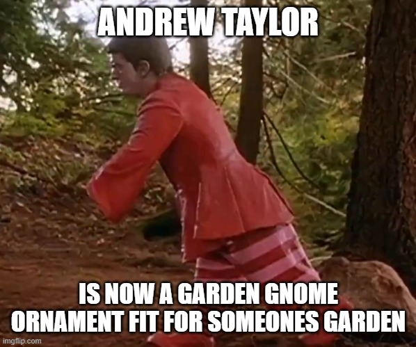 Andy r Taylor | ANDREW TAYLOR; IS NOW A GARDEN GNOME ORNAMENT FIT FOR SOMEONES GARDEN | image tagged in man,dwarf,gnome | made w/ Imgflip meme maker