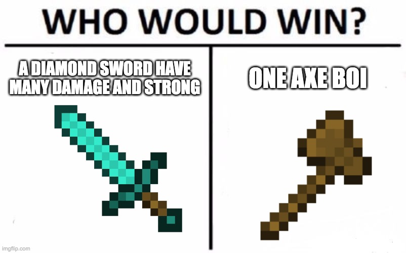 hmmmmm | A DIAMOND SWORD HAVE MANY DAMAGE AND STRONG; ONE AXE BOI | image tagged in memes,who would win | made w/ Imgflip meme maker