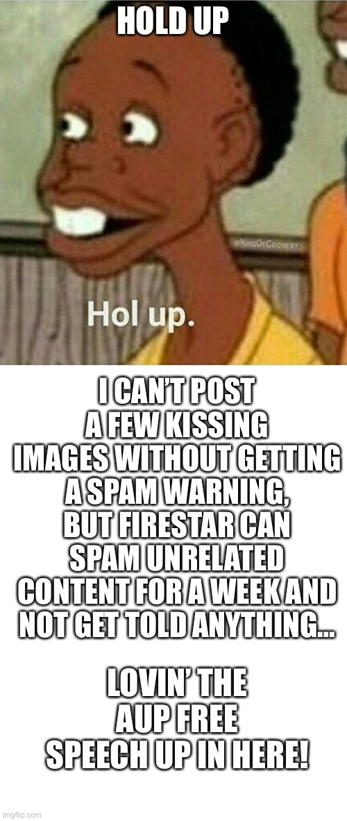 With any luck, they’ll try defending him | HOLD UP; I CAN’T POST A FEW KISSING IMAGES WITHOUT GETTING A SPAM WARNING, BUT FIRESTAR CAN SPAM UNRELATED CONTENT FOR A WEEK AND NOT GET TOLD ANYTHING…; LOVIN’ THE AUP FREE SPEECH UP IN HERE! | image tagged in hol up,long blank white | made w/ Imgflip meme maker