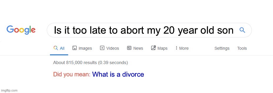 Did you mean? | Is it too late to abort my 20 year old son; What is a divorce | image tagged in did you mean | made w/ Imgflip meme maker