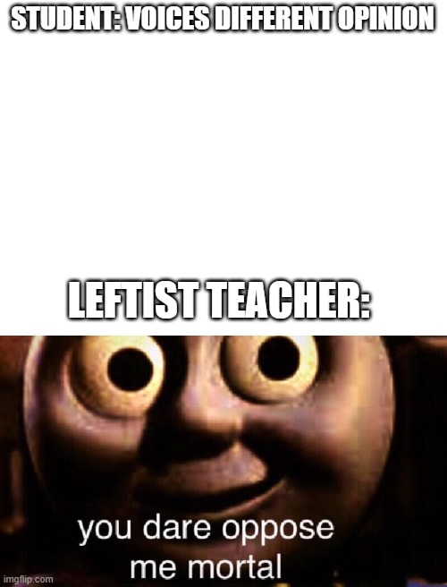 STUDENT: VOICES DIFFERENT OPINION; LEFTIST TEACHER: | image tagged in blank white template,you dare oppose me mortal,relatable | made w/ Imgflip meme maker