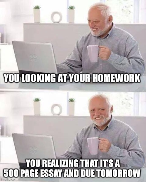 Hide the Pain Harold Meme | YOU LOOKING AT YOUR HOMEWORK; YOU REALIZING THAT IT’S A 500 PAGE ESSAY AND DUE TOMORROW | image tagged in memes,hide the pain harold | made w/ Imgflip meme maker