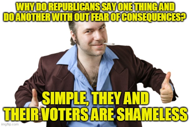 Day in and day out, they lie cheat and steal and then blame everyone else for it | WHY DO REPUBLICANS SAY ONE THING AND DO ANOTHER WITH OUT FEAR OF CONSEQUENCES? SIMPLE, THEY AND THEIR VOTERS ARE SHAMELESS | image tagged in greasy car salesman,republicans ending america | made w/ Imgflip meme maker