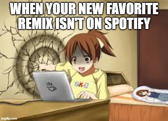 yup | WHEN YOUR NEW FAVORITE REMIX ISN'T ON SPOTIFY | image tagged in anime girl punches the wall | made w/ Imgflip meme maker