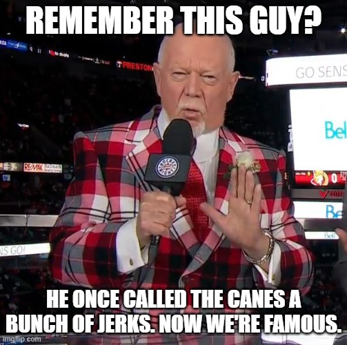 How it all got started for the Canes | REMEMBER THIS GUY? HE ONCE CALLED THE CANES A BUNCH OF JERKS. NOW WE'RE FAMOUS. | image tagged in don cherry,bunch of jerks,carolina hurricanes,storm surge | made w/ Imgflip meme maker