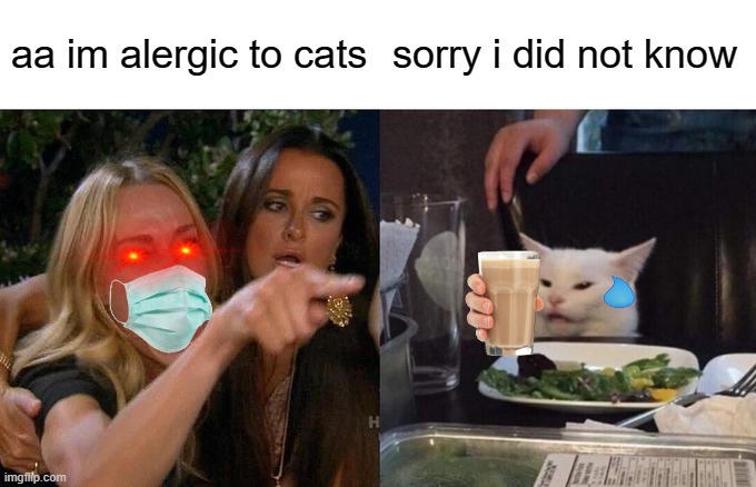 Woman Yelling At Cat Meme | aa im alergic to cats; sorry i did not know | image tagged in memes,woman yelling at cat | made w/ Imgflip meme maker