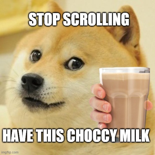Have this | STOP SCROLLING; HAVE THIS CHOCCY MILK | image tagged in doge,have some choccy milk | made w/ Imgflip meme maker