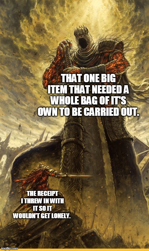Shopping be like. | THAT ONE BIG ITEM THAT NEEDED A WHOLE BAG OF IT'S OWN TO BE CARRIED OUT. THE RECEIPT I THREW IN WITH IT SO IT WOULDN'T GET LONELY. | image tagged in fantasy painting,shopping,grocery store,groceries,knights | made w/ Imgflip meme maker