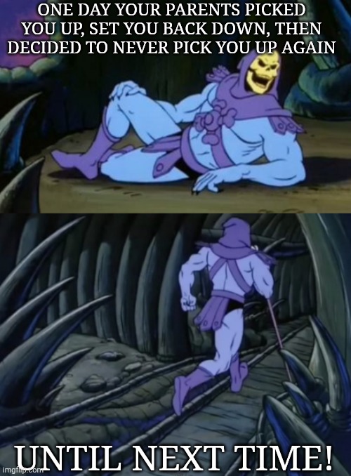 I said this to someone who was tripping on shrooms and it made her cry | ONE DAY YOUR PARENTS PICKED YOU UP, SET YOU BACK DOWN, THEN DECIDED TO NEVER PICK YOU UP AGAIN; UNTIL NEXT TIME! | image tagged in disturbing facts skeletor | made w/ Imgflip meme maker