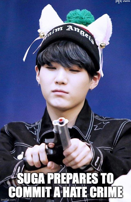Gun Suga | SUGA PREPARES TO COMMIT A HATE CRIME | image tagged in gun suga | made w/ Imgflip meme maker