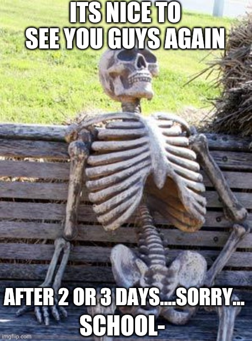 hehe- sorry to the people that know my lame ash- | ITS NICE TO SEE YOU GUYS AGAIN; AFTER 2 OR 3 DAYS....SORRY... SCHOOL- | image tagged in memes,waiting skeleton | made w/ Imgflip meme maker