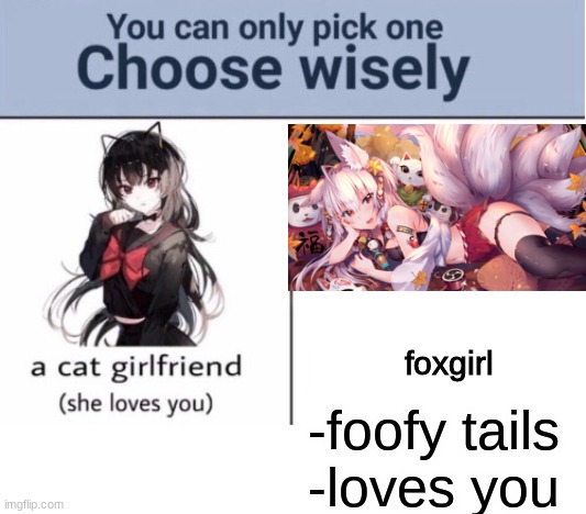 Choose wisely | foxgirl; -foofy tails
-loves you | image tagged in choose wisely | made w/ Imgflip meme maker