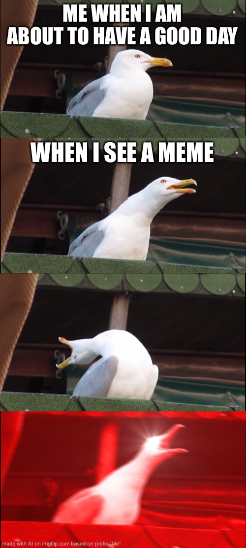 Inhaling Seagull | ME WHEN I AM ABOUT TO HAVE A GOOD DAY; WHEN I SEE A MEME | image tagged in memes,inhaling seagull | made w/ Imgflip meme maker