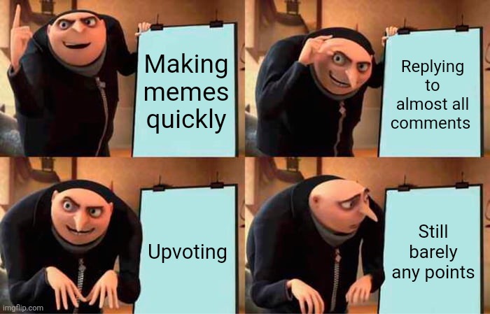 Gru's Plan Meme | Making memes quickly; Replying to almost all comments; Upvoting; Still barely any points | image tagged in memes,gru's plan | made w/ Imgflip meme maker