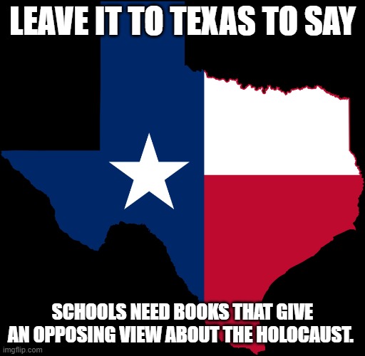texas map | LEAVE IT TO TEXAS TO SAY; SCHOOLS NEED BOOKS THAT GIVE AN OPPOSING VIEW ABOUT THE HOLOCAUST. | image tagged in texas map | made w/ Imgflip meme maker