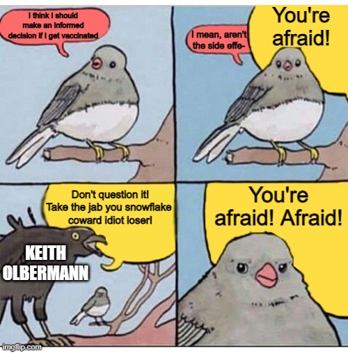 The annoyed bird meme illustrates exactly how I feel about Keith Olbermann's vaccine rant | You're afraid! I think I should make an informed decision if I get vaccinated; I mean, aren't the side effe-; You're afraid! Afraid! Don't question it! Take the jab you snowflake 
coward idiot loser! KEITH OLBERMANN | image tagged in annoyed bird,vaccines,stupid liberals,mainstream media,media lies | made w/ Imgflip meme maker