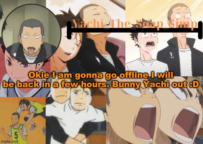 Yachi's Nishnoya and Tanaka temp | Okie I am gonna go offline I will be back in a few hours. Bunny Yachi out :D | image tagged in yachi's nishnoya and tanaka temp | made w/ Imgflip meme maker