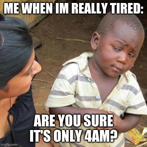 lol | ME WHEN IM REALLY TIRED:; ARE YOU SURE IT'S ONLY 4AM? | image tagged in memes,third world skeptical kid | made w/ Imgflip meme maker