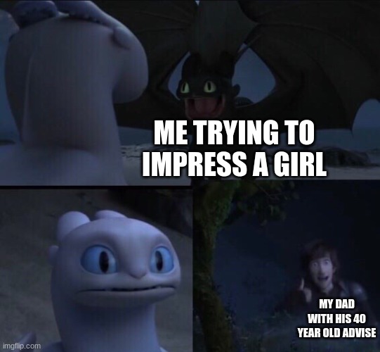 I am a failure |  ME TRYING TO IMPRESS A GIRL; MY DAD WITH HIS 40 YEAR OLD ADVISE | image tagged in how to train your dragon 3 | made w/ Imgflip meme maker