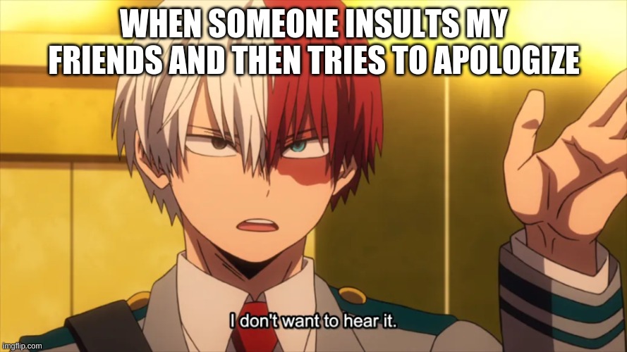 I don't want to hear it Todoroki | WHEN SOMEONE INSULTS MY FRIENDS AND THEN TRIES TO APOLOGIZE | image tagged in i don't want to hear it todoroki | made w/ Imgflip meme maker