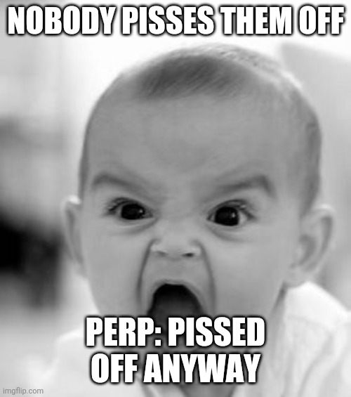 Angry Baby Meme | NOBODY PISSES THEM OFF; PERP: PISSED OFF ANYWAY | image tagged in memes,angry baby | made w/ Imgflip meme maker