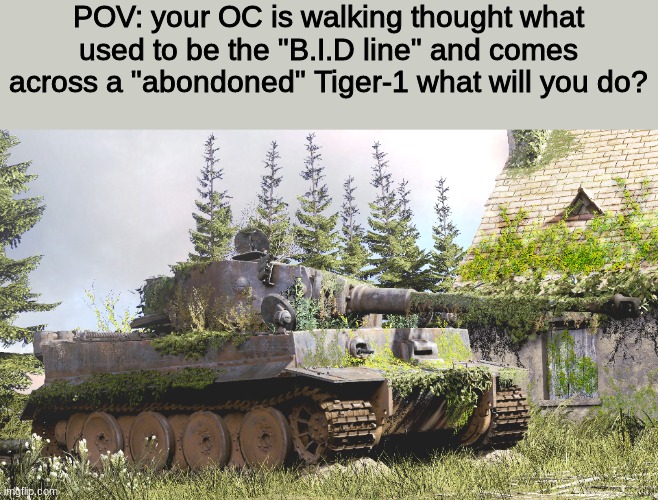 WWYD | POV: your OC is walking thought what used to be the "B.I.D line" and comes across a "abondoned" Tiger-1 what will you do? | image tagged in roleplaying | made w/ Imgflip meme maker