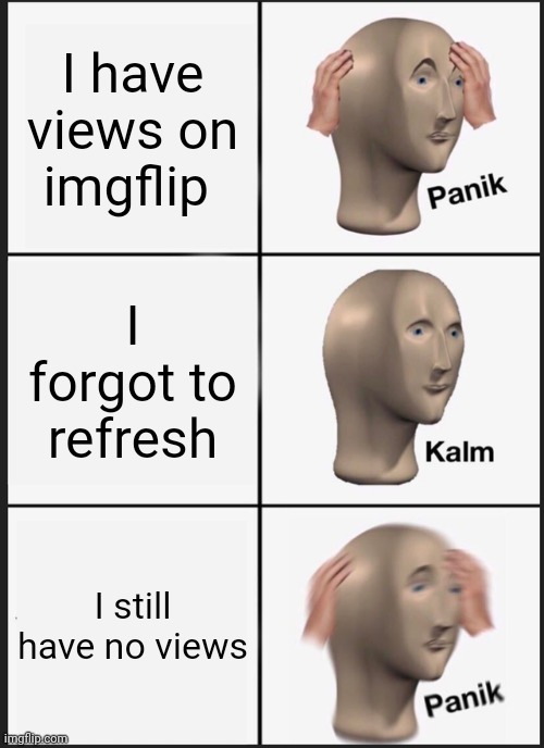 Panik Kalm Panik Meme | I have views on imgflip; I forgot to refresh; I still have no views | image tagged in memes,panik kalm panik | made w/ Imgflip meme maker