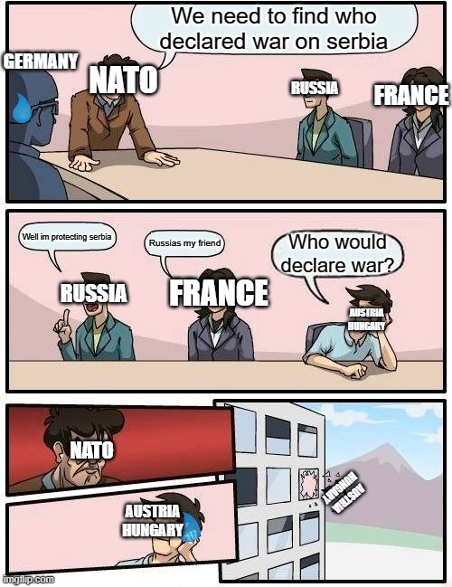 Boardroom Meeting Suggestion | We need to find who declared war on serbia; GERMANY; NATO; RUSSIA; FRANCE; Well im protecting serbia; Who would declare war? Russias my friend; AUSTRIA HUNGARY; FRANCE; RUSSIA; AUSTRIA HUNGARY; NATO; AUSTRIA HUNGARY | image tagged in memes,boardroom meeting suggestion | made w/ Imgflip meme maker