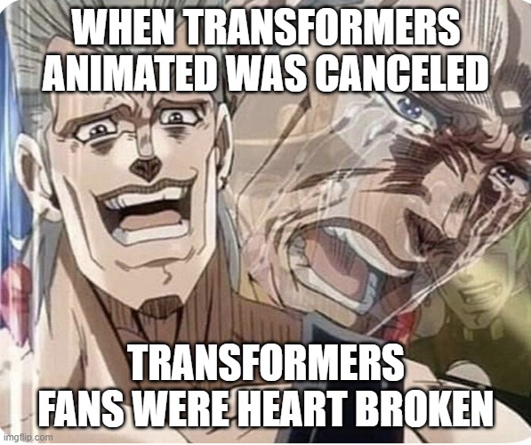 Polnareff crying | WHEN TRANSFORMERS ANIMATED WAS CANCELED; TRANSFORMERS FANS WERE HEART BROKEN | image tagged in polnareff crying,Transformemes | made w/ Imgflip meme maker