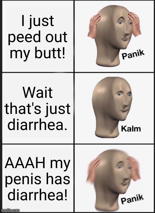 Still beats constipation | I just peed out my butt! Wait that's just diarrhea. AAAH my penis has diarrhea! | image tagged in memes,panik kalm panik | made w/ Imgflip meme maker