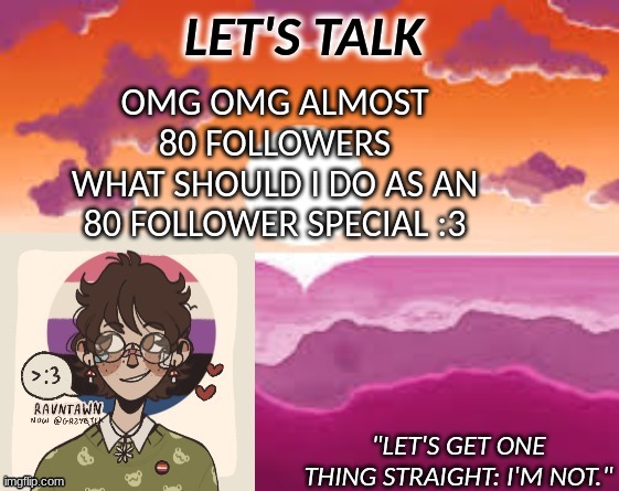 PastelGremlin Announcement | OMG OMG ALMOST 80 FOLLOWERS
WHAT SHOULD I DO AS AN 80 FOLLOWER SPECIAL :3 | image tagged in pastelgremlin announcement | made w/ Imgflip meme maker