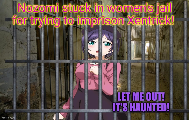 Nozomi is in trouble now! | Nozomi stuck in women's jail for trying to imprison Xentrick! LET ME OUT! IT'S HAUNTED! | image tagged in nozomi tojo,love live,anime girl,jail,womens prison,lol so funny | made w/ Imgflip meme maker