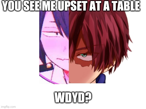 My 1st time mastering a RP. No ERP | YOU SEE ME UPSET AT A TABLE; WDYD? | image tagged in blank white template | made w/ Imgflip meme maker