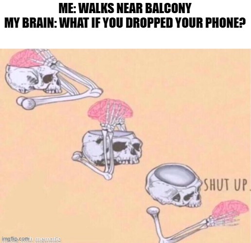 D |  ME: WALKS NEAR BALCONY
MY BRAIN: WHAT IF YOU DROPPED YOUR PHONE? | image tagged in skeleton shut up meme,dank funni memes,ligma | made w/ Imgflip meme maker