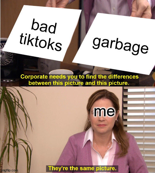 bad tiiktoks are bad. | bad tiktoks; garbage; me | image tagged in memes,they're the same picture | made w/ Imgflip meme maker