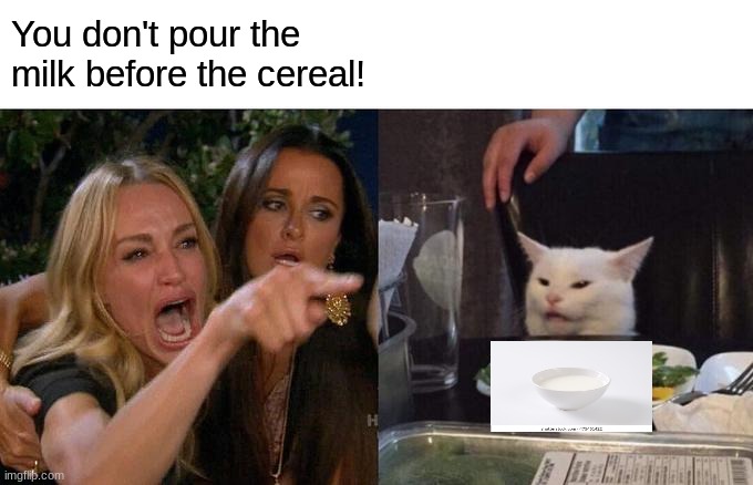 Woman Yelling At Cat Meme | You don't pour the milk before the cereal! | image tagged in memes,woman yelling at cat | made w/ Imgflip meme maker