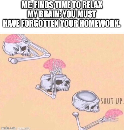 Shut up, brain. | ME: FINDS TIME TO RELAX
MY BRAIN: YOU MUST HAVE FORGOTTEN YOUR HOMEWORK. | image tagged in skeleton shut up meme | made w/ Imgflip meme maker