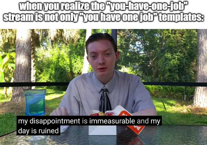 Imag Title | when you realize the "you-have-one-job" stream is not only "you have one job" templates: | image tagged in my disappointment is immeasurable,i dont have any tag ideas | made w/ Imgflip meme maker