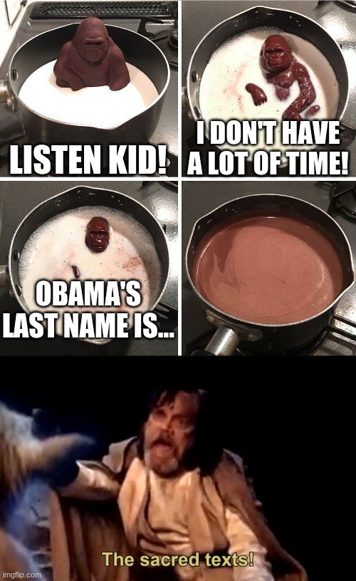 NO!!!!! |  LISTEN KID! I DON'T HAVE A LOT OF TIME! OBAMA'S LAST NAME IS... | image tagged in chocolate gorilla,the sacred texts,obama,the last jedi,bruh | made w/ Imgflip meme maker