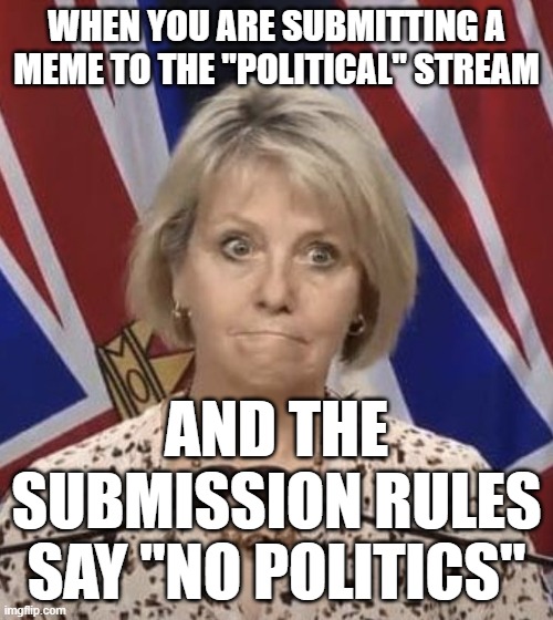 Catch | WHEN YOU ARE SUBMITTING A MEME TO THE "POLITICAL" STREAM; AND THE SUBMISSION RULES SAY "NO POLITICS" | image tagged in frustrated bonnie henry,catch 22,makes sense | made w/ Imgflip meme maker